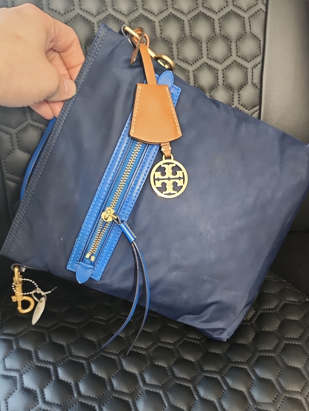Tory Burch Navy with Royal Blue & Tan Leather Trim Nylon Shoulder Bag